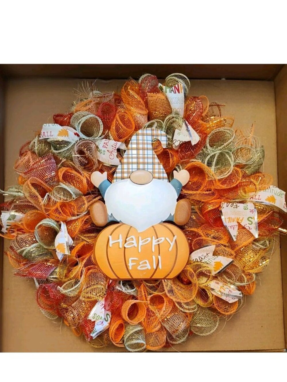Handmade Seasonal Deco Mesh/Ribbon Wreath Fall Autumn Orange Happy Fall Gnome
